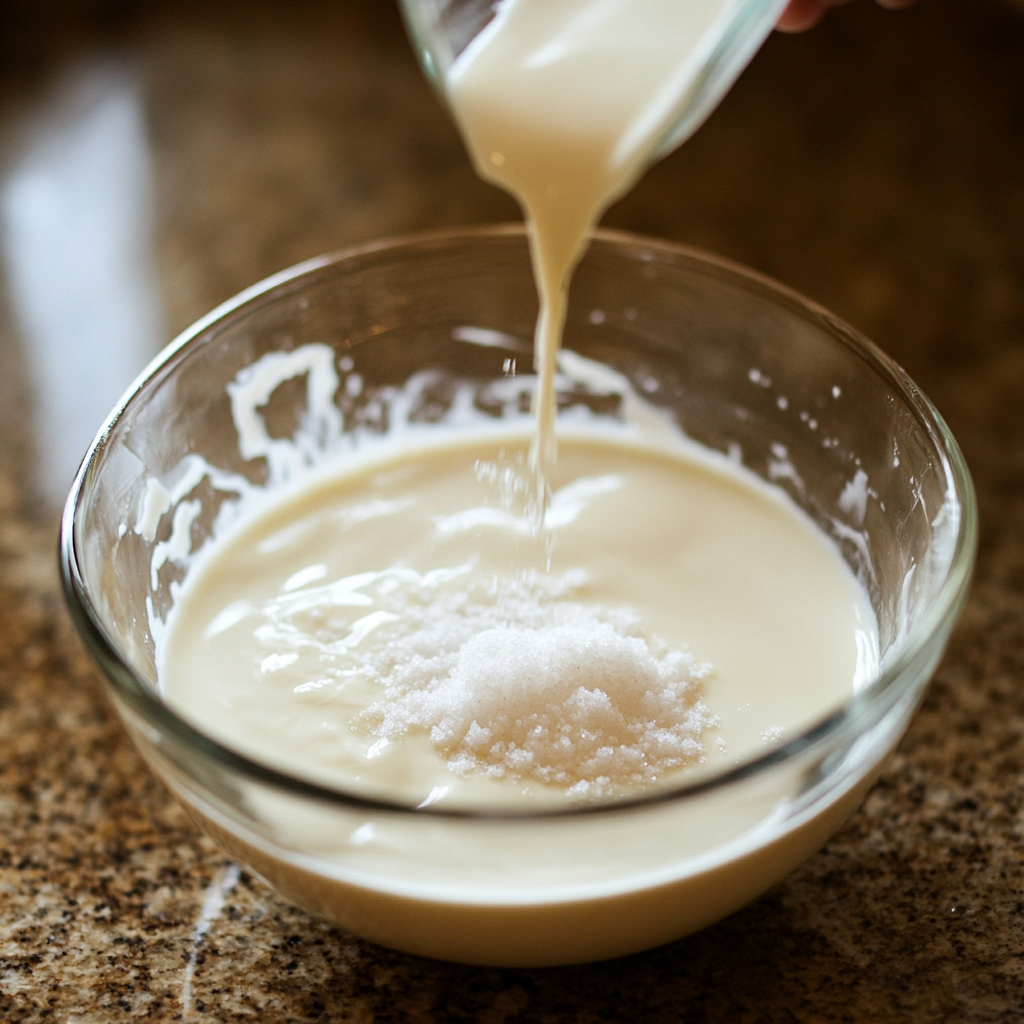 Homemade sour milk dessert with a creamy texture in a glass jar.