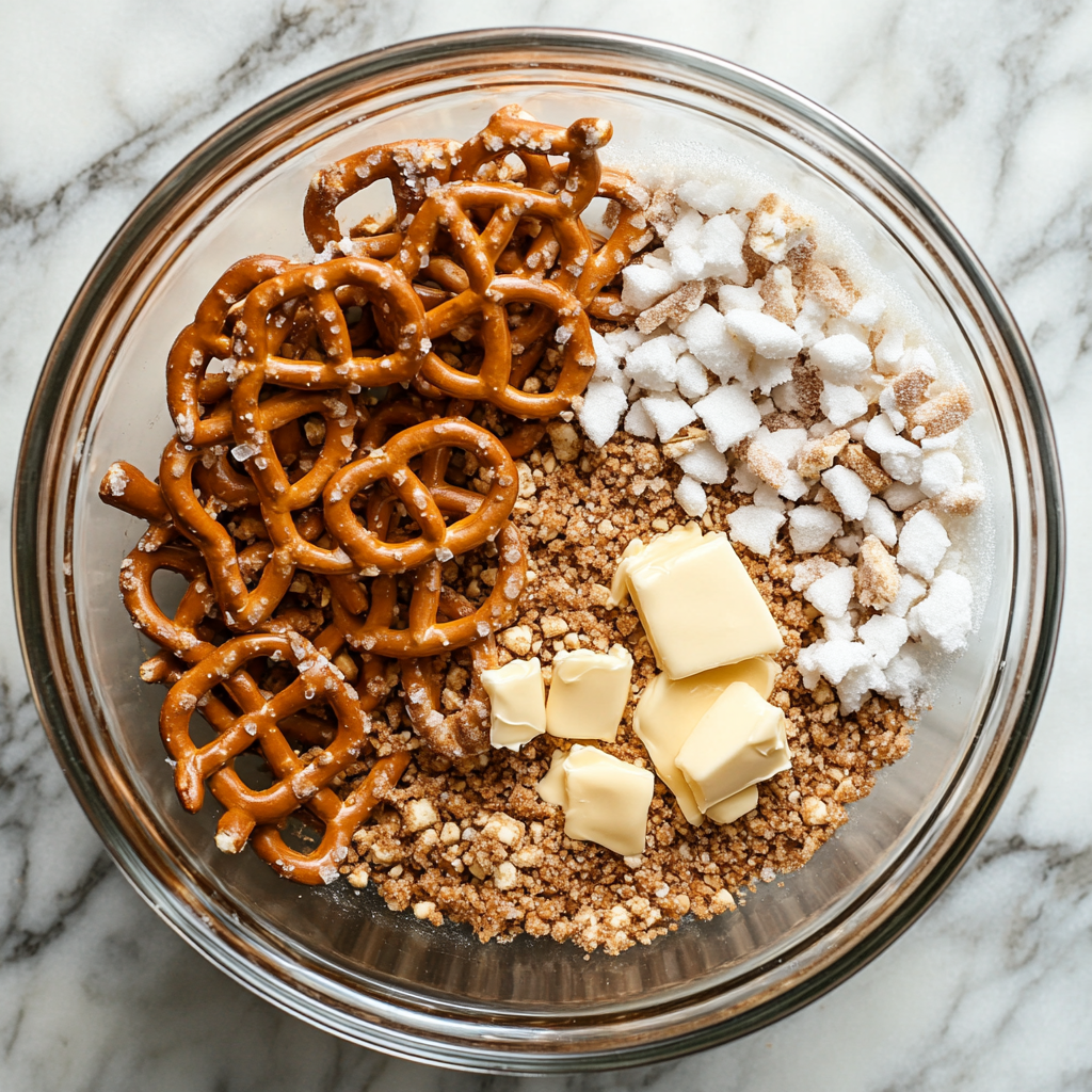 Individual servings of strawberry pretzel dessert in glass cups with layered ingredients.