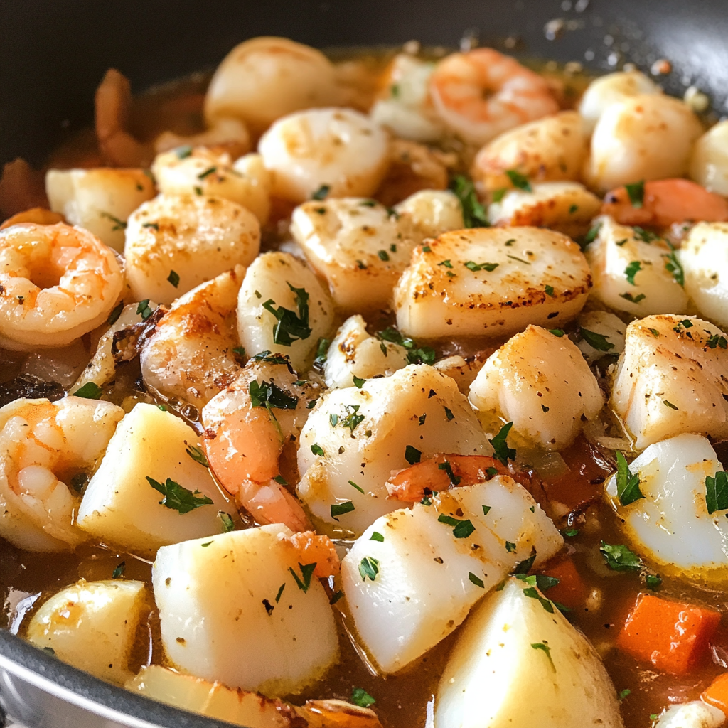 A tropical coconut milk seafood chowder served in a rustic bowl with a wedge of lime for added flavor