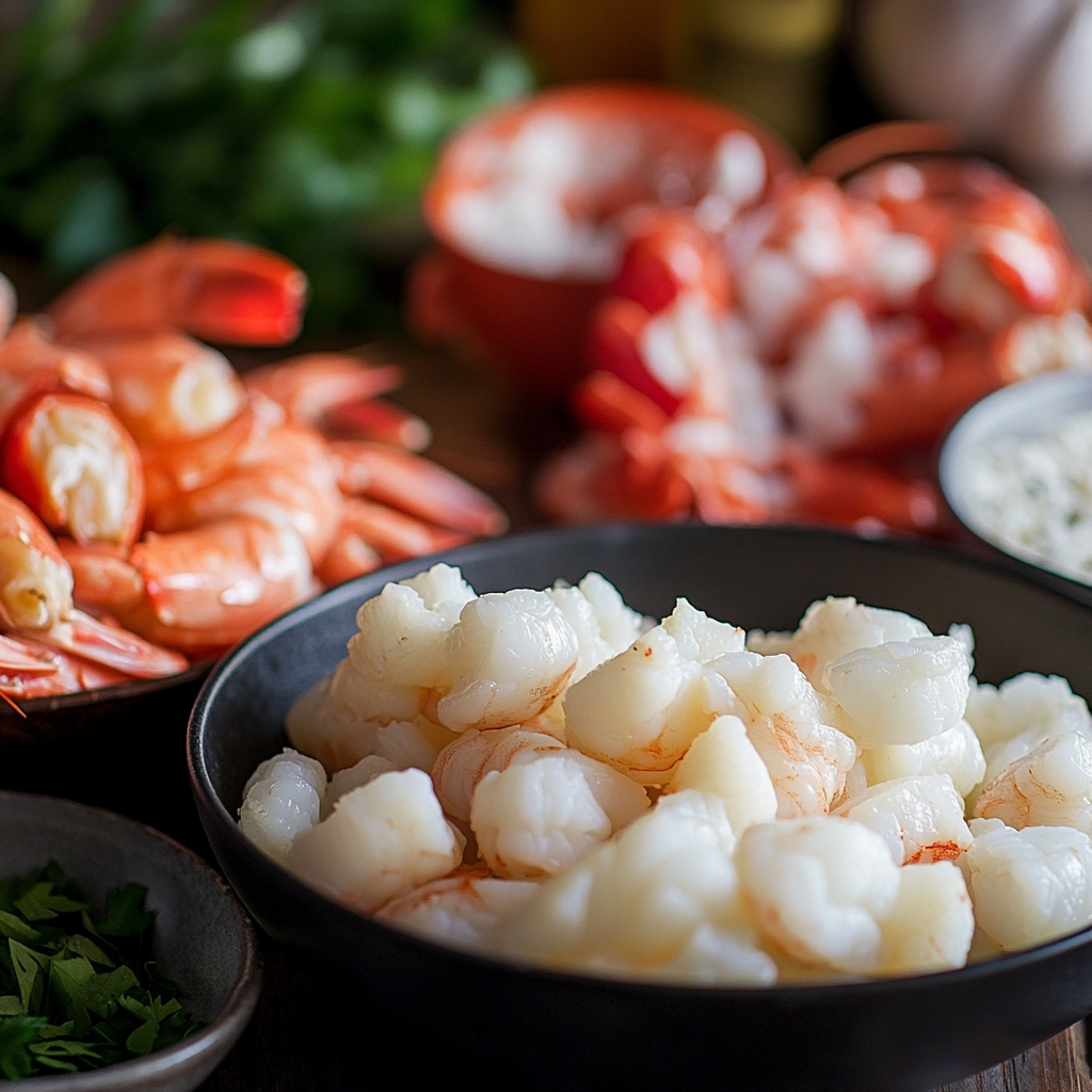 A creamy seafood bisque in a white bowl garnished with fresh parsley and accompanied by crusty bread