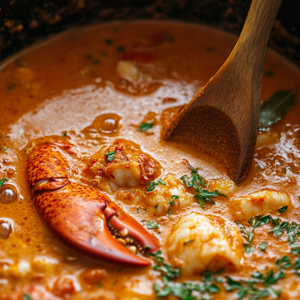 Top view of a steaming bowl of seafood bisque with visible chunks of lobster and shrimp