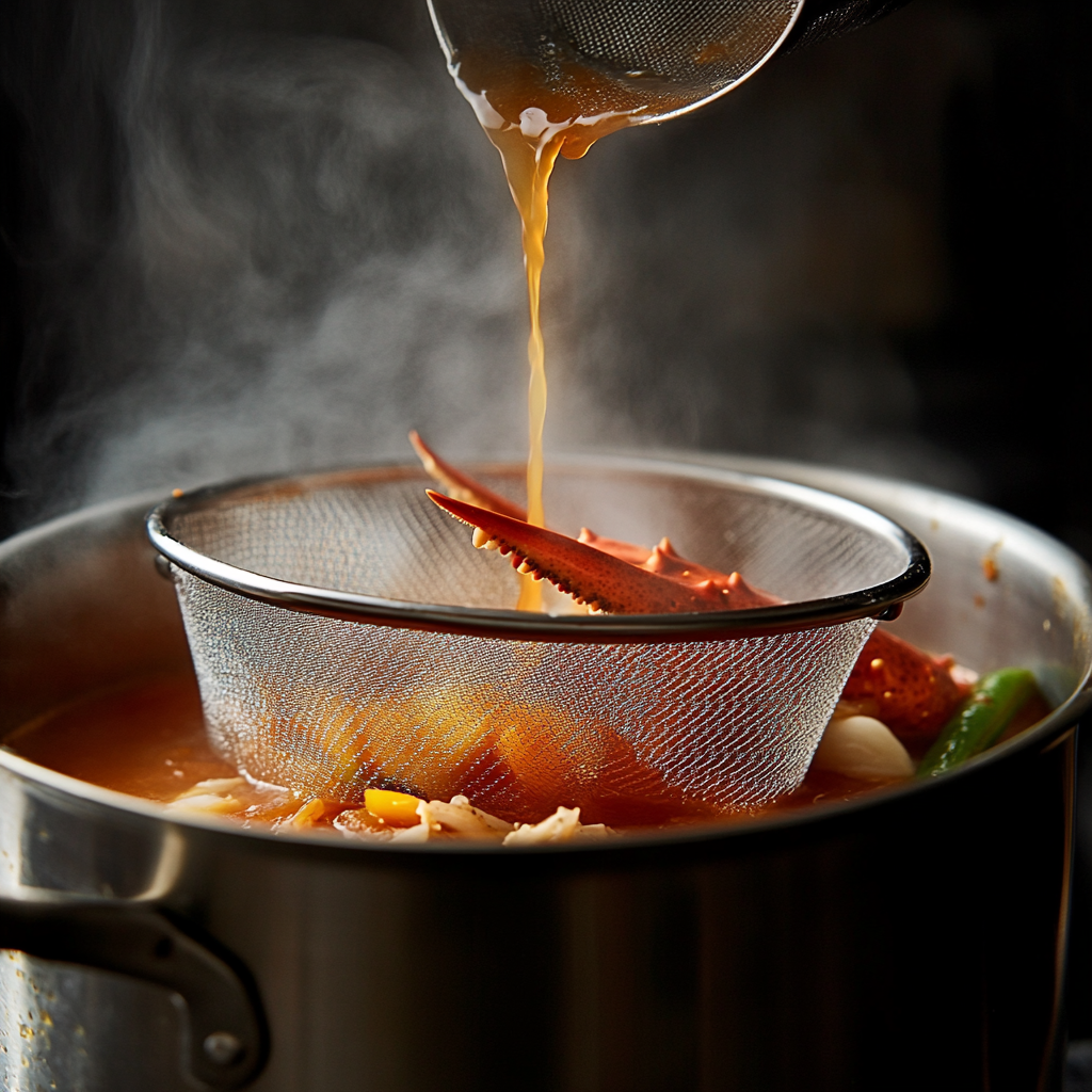 Ingredients for seafood bisque laid out, including shrimp, lobster, carrots, onions, and a pot of seafood stock