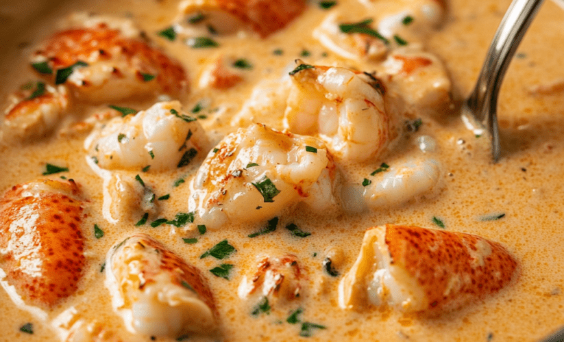 Close-up of shrimp and lobster pieces in a rich, velvety bisque with a golden-orange hue