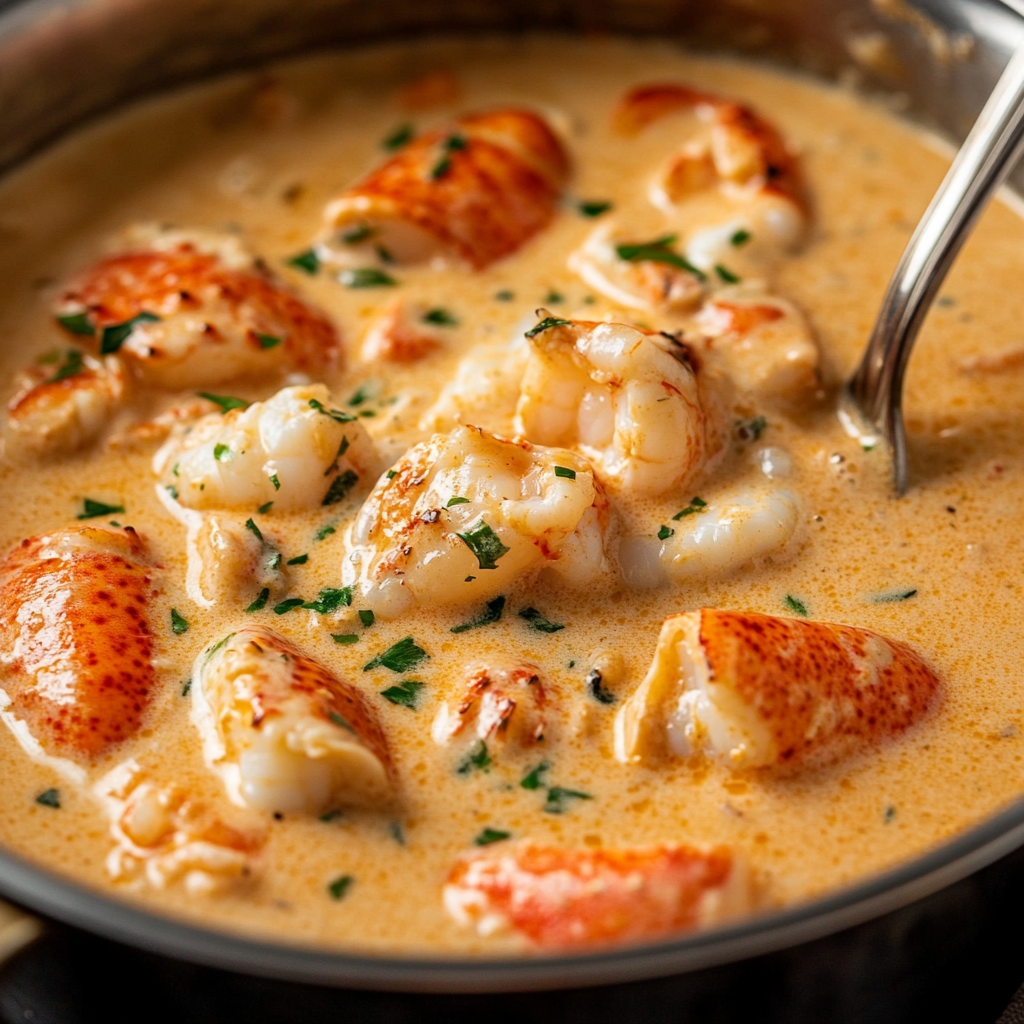 Close-up of shrimp and lobster pieces in a rich, velvety bisque with a golden-orange hue