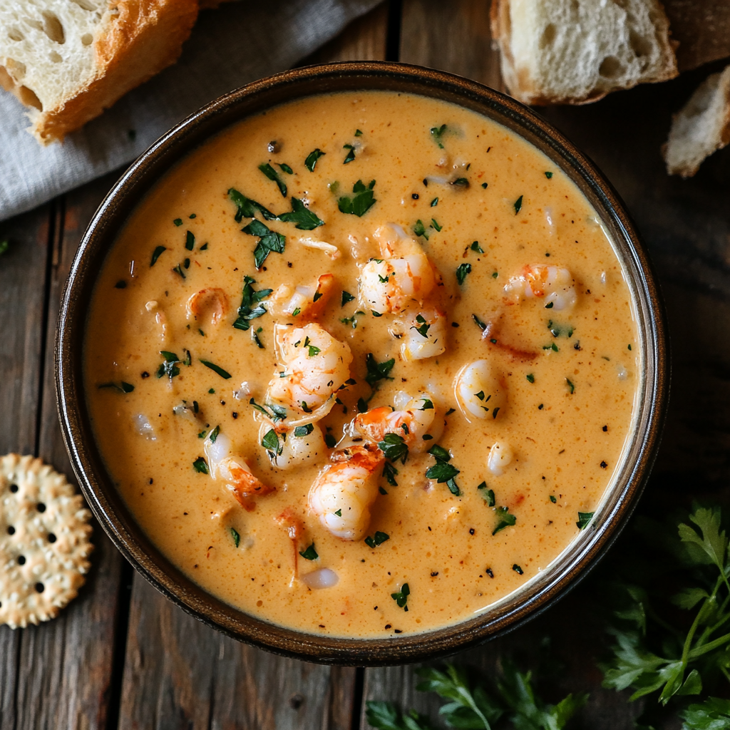 Freshly prepared seafood bisque served with a spoon and crackers on a rustic wooden table