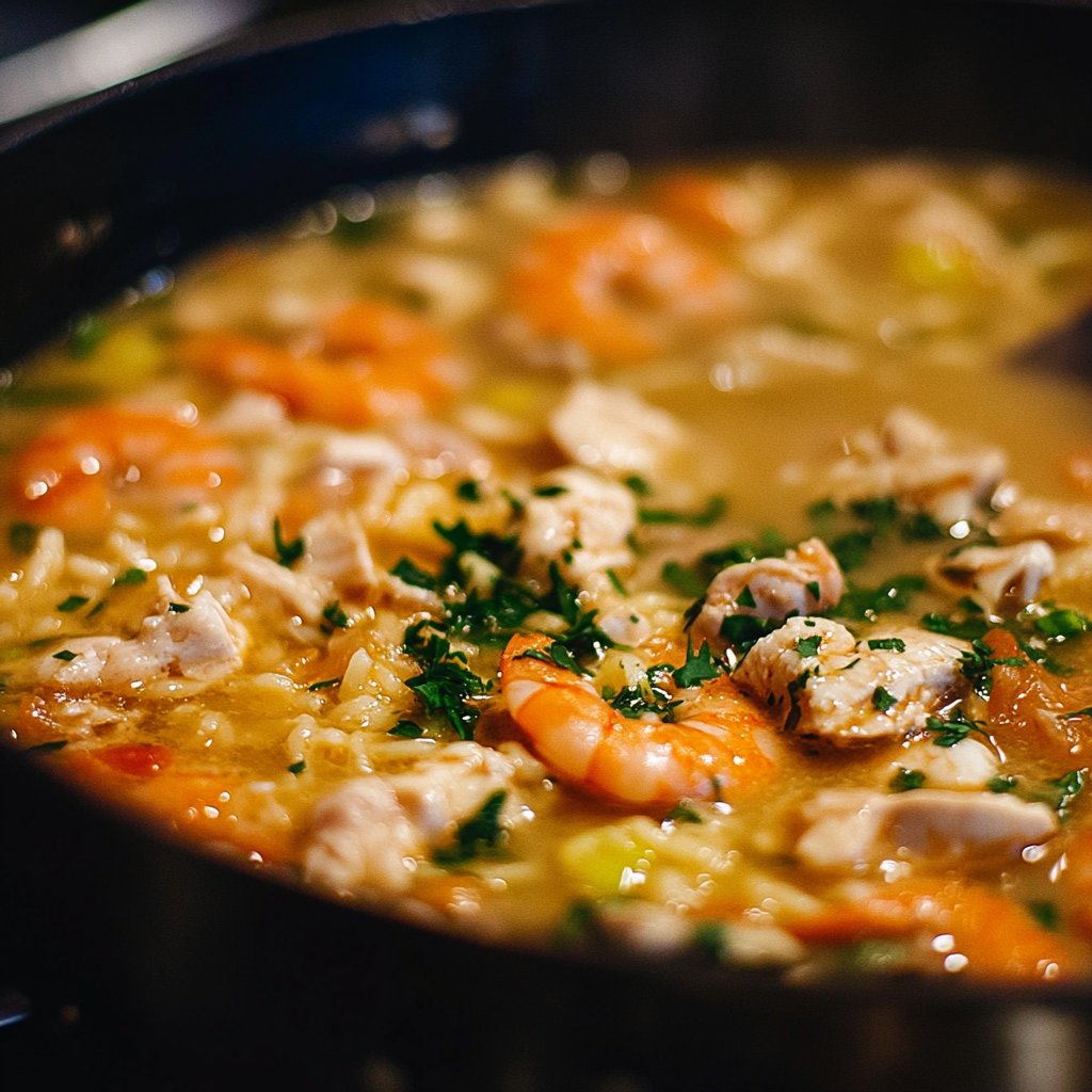 Bowl of spicy Cajun seafood chowder, with a hint of red pepper and a garnish of parsley, ready to serve